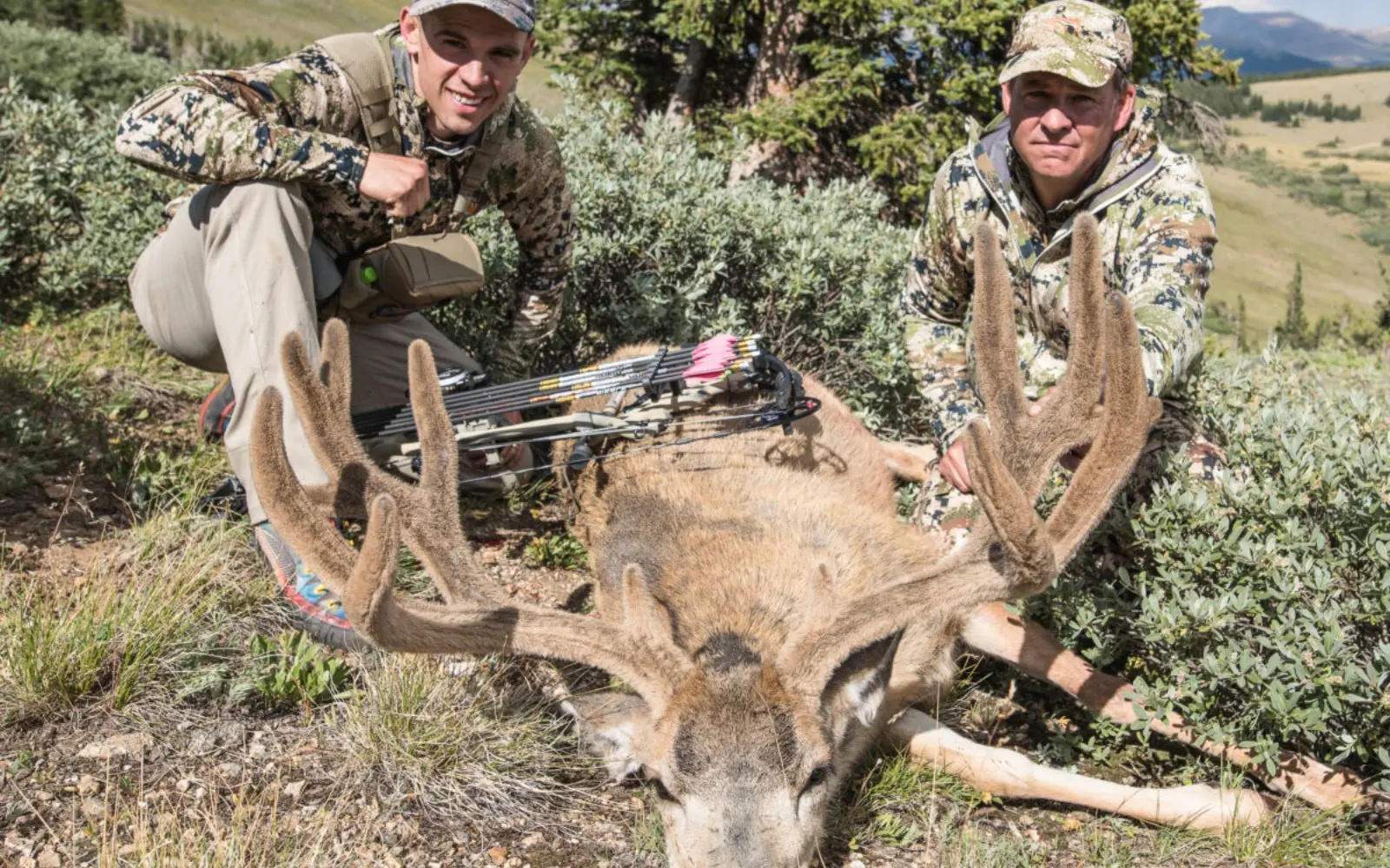 Two people in front of a deer