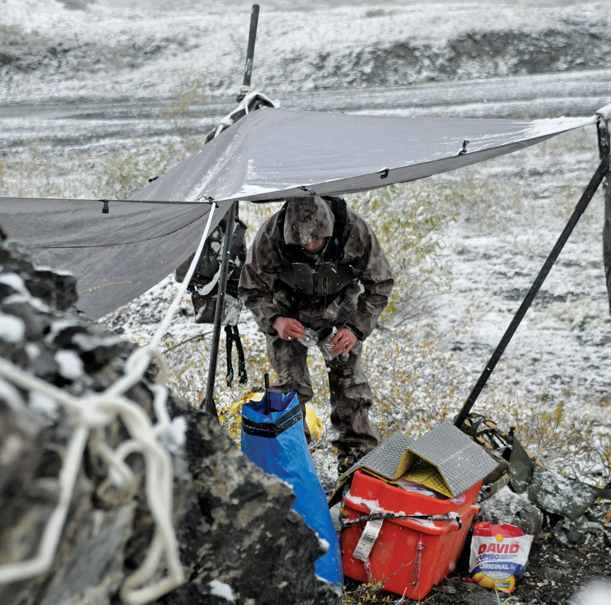 a shelter set up in the wilderness