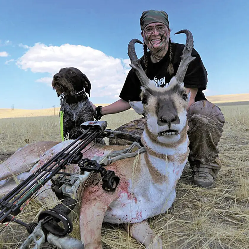 Kim Blaskowski, former Bowtech Pro and current member of the Prois Pro Staff with her pronghorn that Cain found for her.