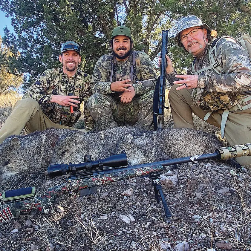 The ability to clip the rifle directly to the Outdoorsmans Tripod allowed the author and his nephew to make one shot kills on Javelina in under one minute from each other sharing the same rifle.