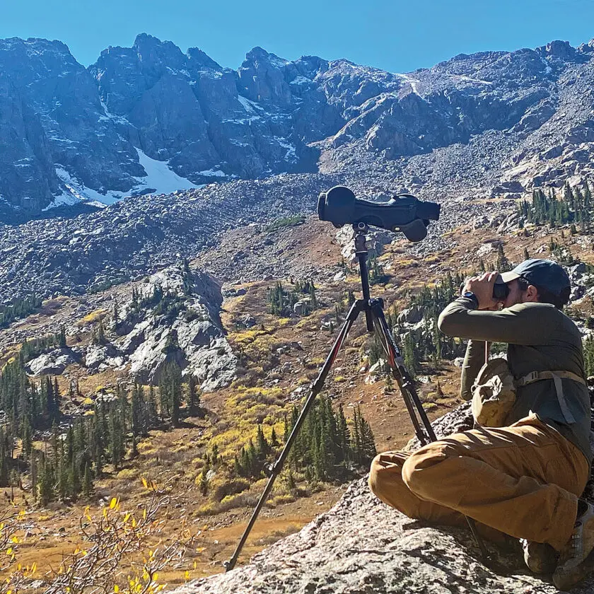 Tanner Coulter sizing up a surprise second billy. This goat had probably moved into the basin during the stalk and was suddenly just "there". Mature billies are often alone but an occasional younger goat sometimes joins up with them.