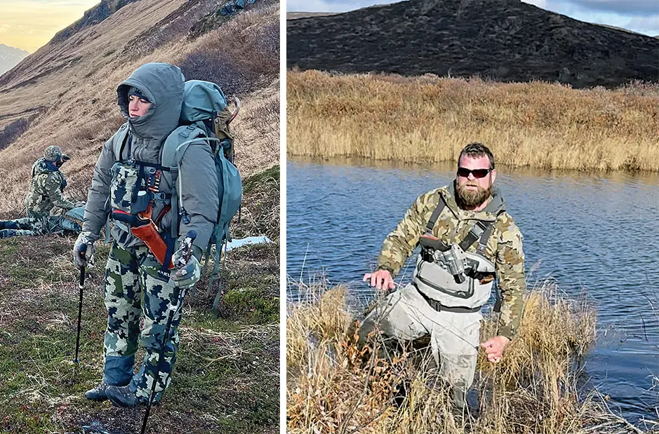 Tana wearing a Diamond D Leather chest holster, and Adam wearing a Kydex pistol holder.