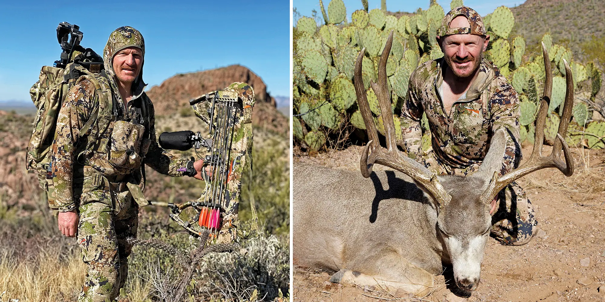 Left: The hood on the Sitka Core Lightweight Hoody breathes well and was great at protect the author’s head from the hot, mid-day Arizona sun.Right: The half-length chest zipper on the Sitka Core Lightweight Hoody is great for dumping heat on a hot day.