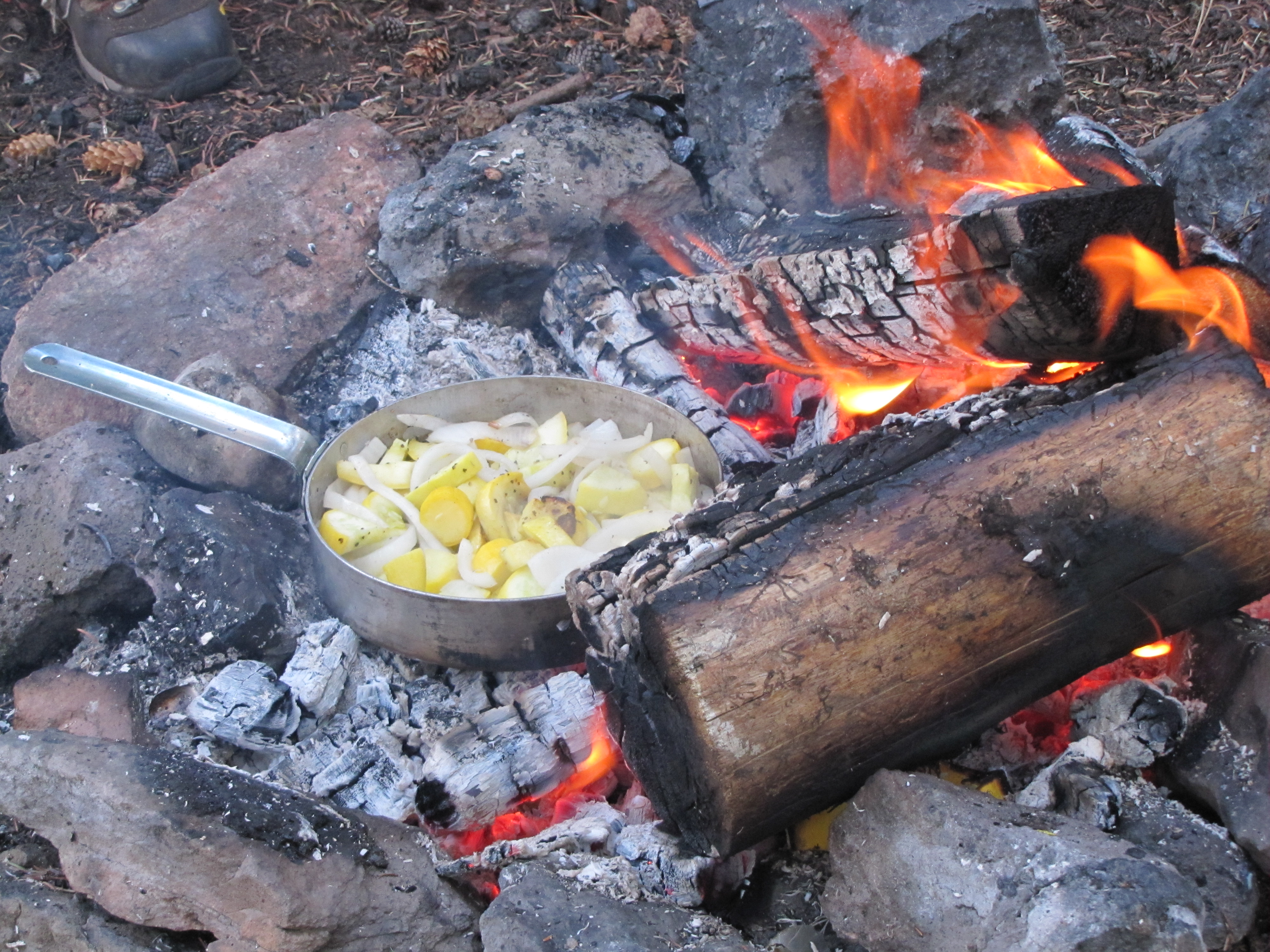 cooking squash and onion over a fire in preparation for a fresh backcountry meal.