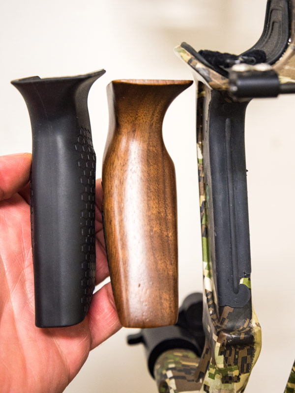 plastic, wood, and rubber grips for different compound bow setups