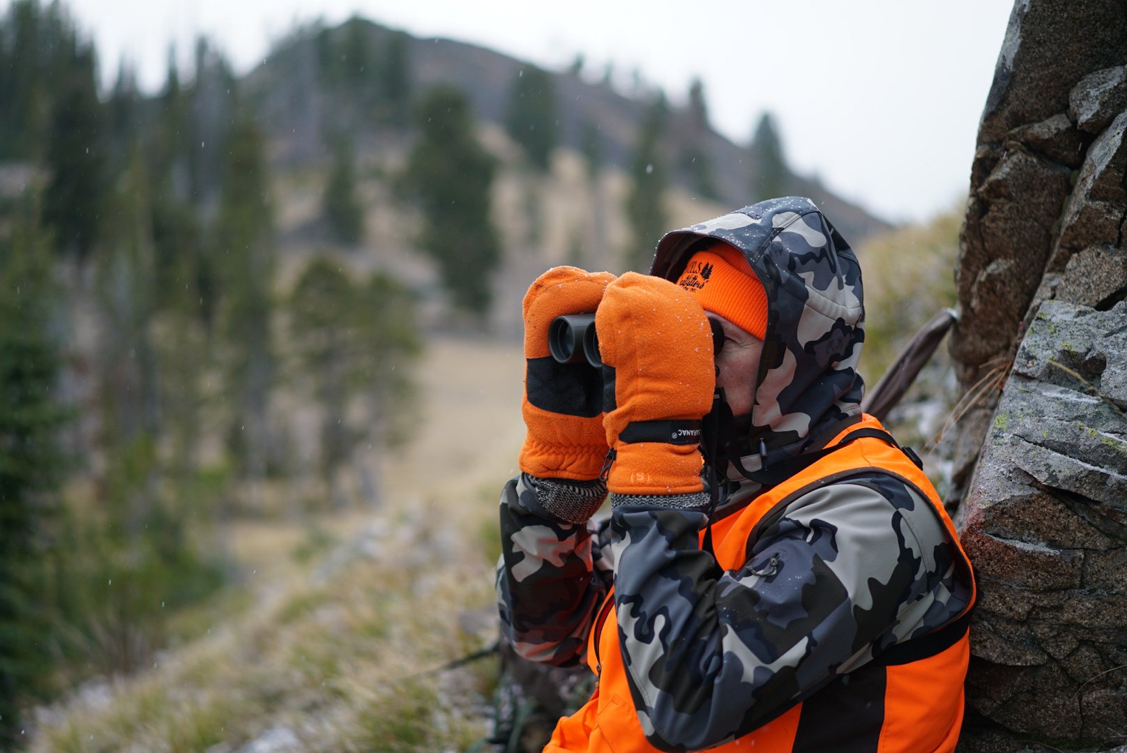 Hunter in camo and orange glassing, trying to fill his over-the-counter elk tag.