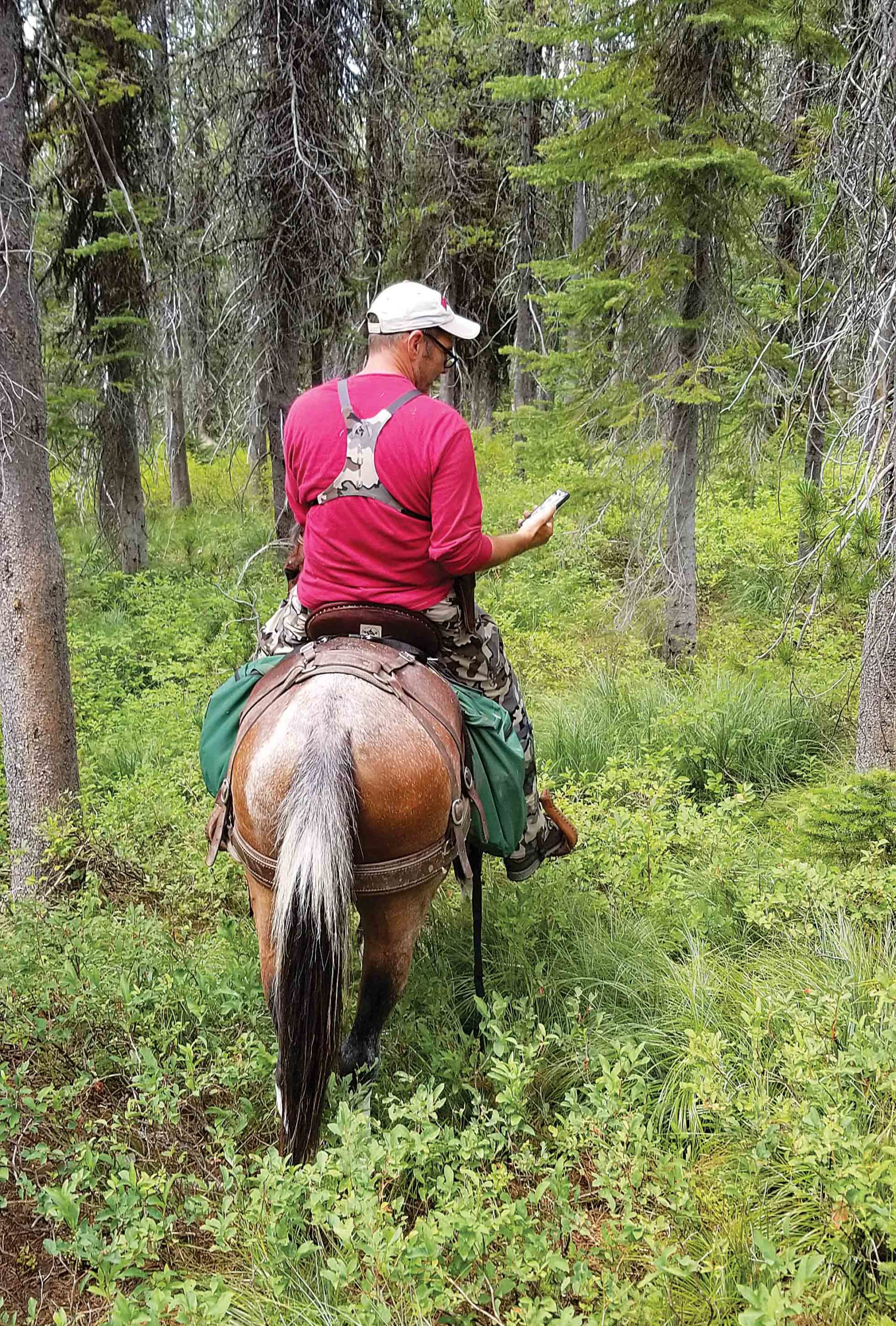 Checking a map on his phone while horseback hunting