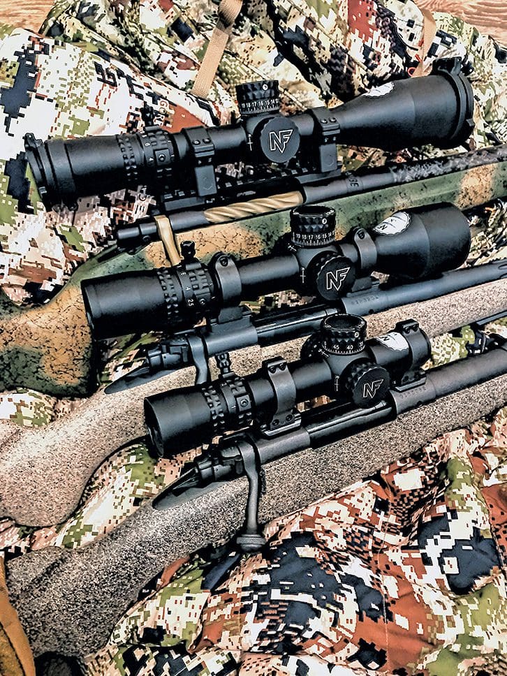 All three tested scopes mounted to rifles side by side