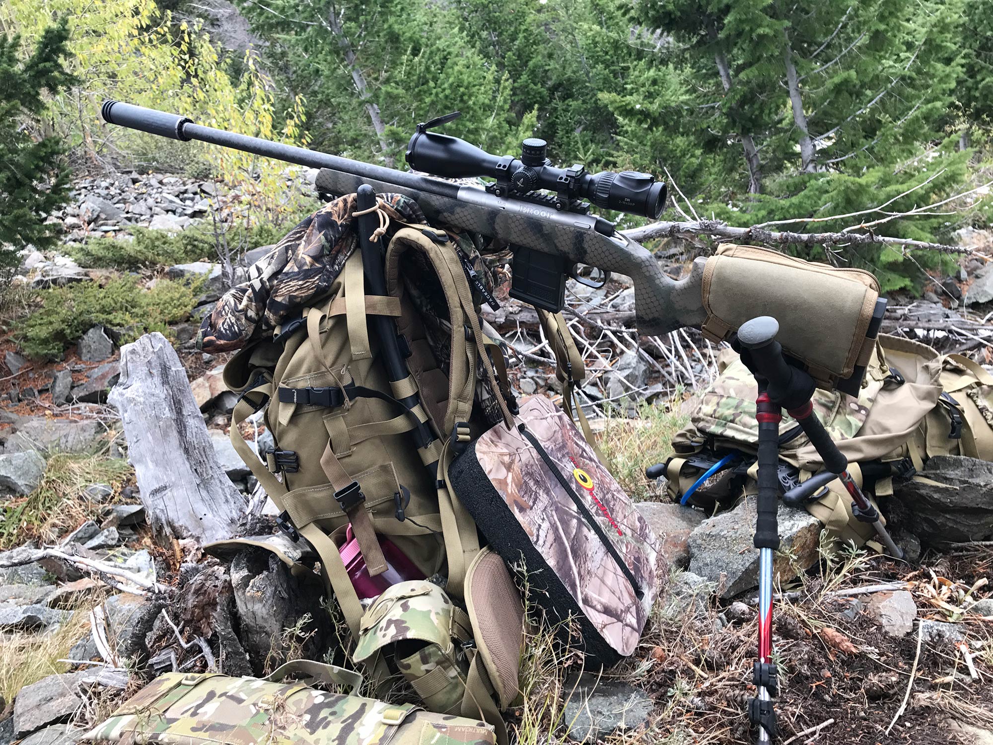 A Proof Research Switch rifle set up in the field for a shot.