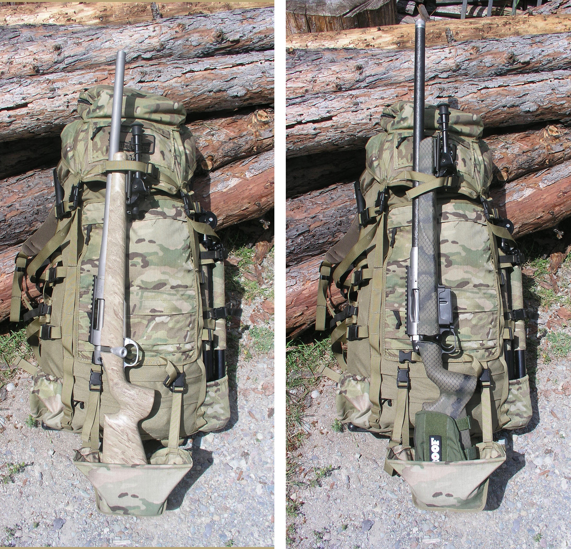 Two different rifles with short barrels attached to packs.