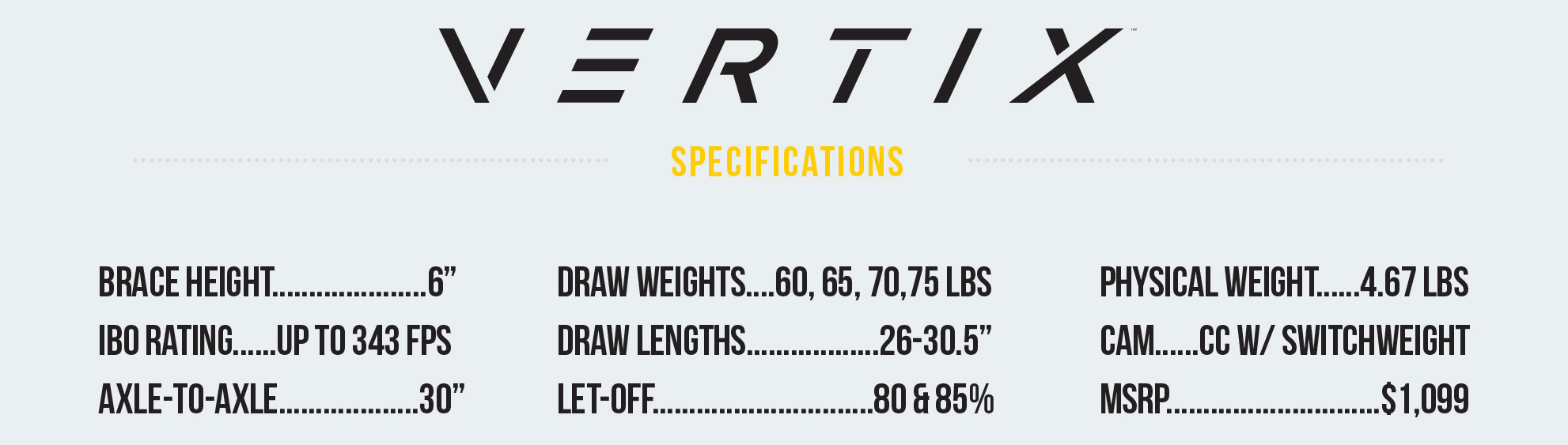 A chart showing all the specs of the Mathews Vertix.