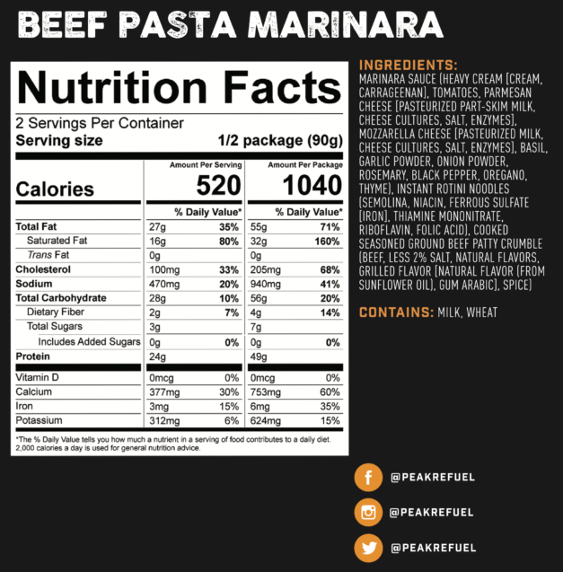 Beef Pasta Marinara Nutrition Facts